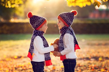 Adorable little brothers with teddy bear in park on autumn day clipart