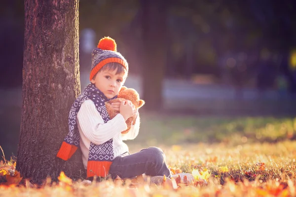 Entzückender kleiner Junge mit Teddybär im Park an einem Herbsttag — Stockfoto