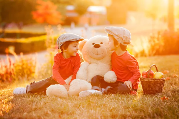 Dois meninos adoráveis com amigo ursinho de pelúcia no parque em s — Fotografia de Stock