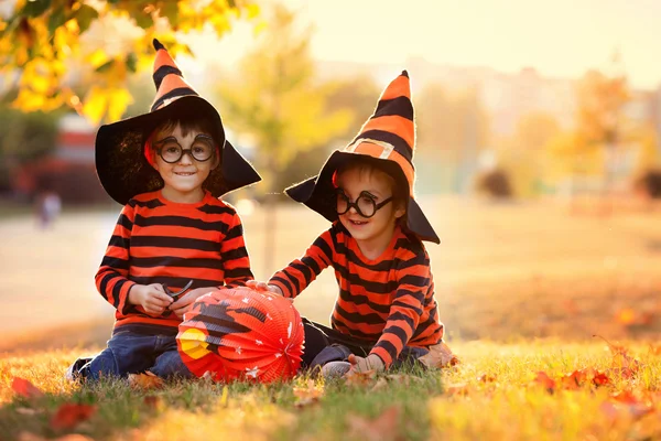 Two boys in the park with Halloween costumes — Stock Photo, Image