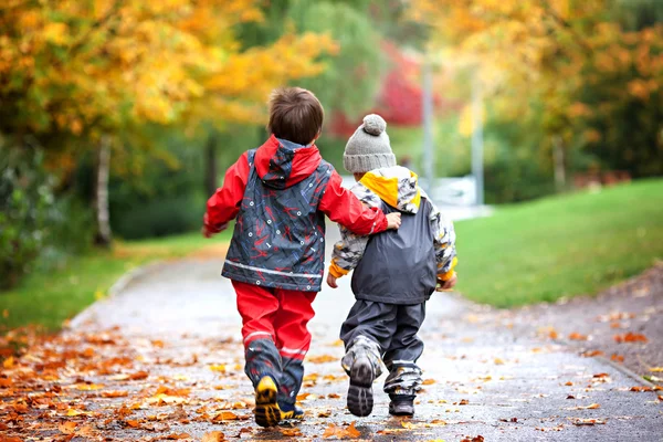 비오는 날에는 공원에서 장난감을 놓고 싸우는 두 아이 — 스톡 사진