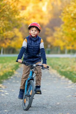 Sevimli küçük bir çocuk, renkli elbiseli bir çocuk, güneşli bir öğleden sonra bir sonbahar parkında bisiklet sürüyor, kameraya mutlu bir şekilde gülümsüyor.