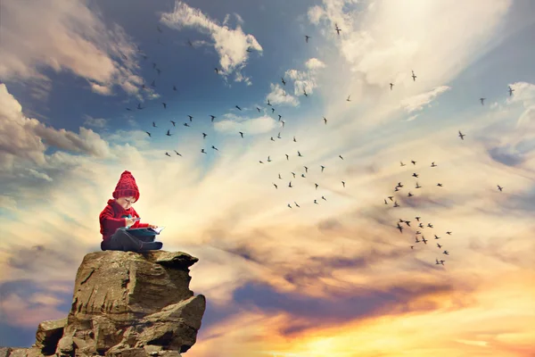 男孩，坐在一块岩石在天空中，鸟儿飞来飞去他 — 图库照片