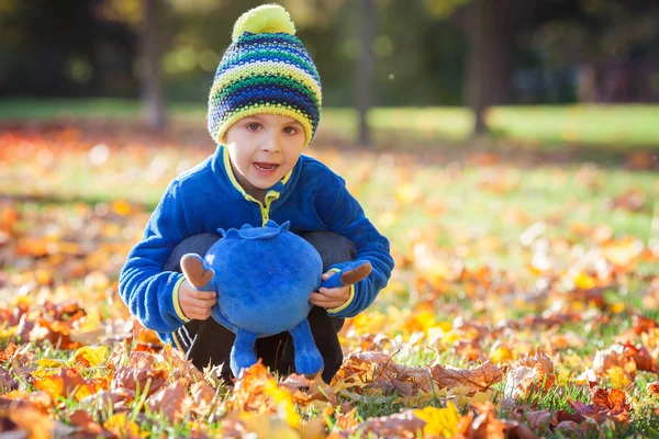 Trochę podekscytowany chłopiec bawi się liści w parku — Zdjęcie stockowe