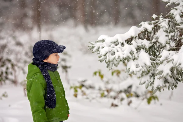Menino adorável, soprando flocos de neve lá fora em um dia nevado — Fotografia de Stock