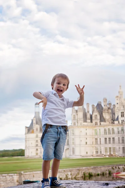 Carino ragazzo, divertirsi all'aperto, estate davanti a Chambord castelli — Foto Stock