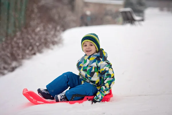 Deux enfants, garçons frères, glissant avec Bob dans la neige, l'hiver — Photo