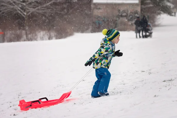 Two kids, boy brothers, sliding with bob in the snow, wintertime — Stock Photo, Image