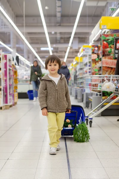 Carino piccolo e orgoglioso ragazzo che aiuta con la spesa, sano — Foto Stock