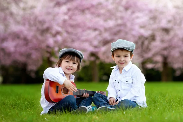 Two adorable caucasian boys in a blooming cherry tree garden, pl — Stock Photo, Image