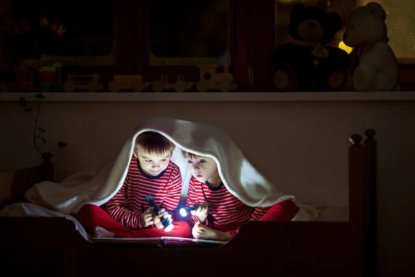 Dois meninos doces, lendo um livro na cama depois de dormir, usando flash — Fotografia de Stock