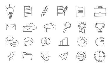 Basit iletişim kümesi ve ortam simgesi paketi, vektör illüstrasyonu, satır simgesi 