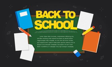 Okul tasarım şablonuna okul unsurları ve metin, vektör illüstrasyonu için yer