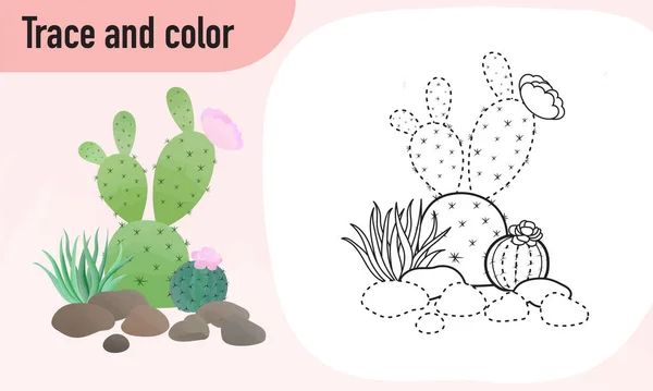 Traccia Foglio Lavoro Colori Pratica Bambini Età Prescolare Cactus — Vettoriale Stock