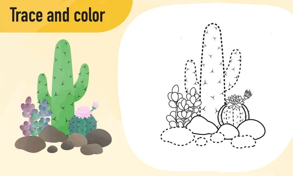 Spår Och Färgkalkylblad Övning För Förskolebarn Kaktus — Stock vektor