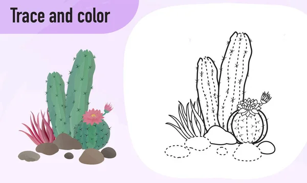 Traccia Foglio Lavoro Colori Pratica Bambini Età Prescolare Cactus — Vettoriale Stock