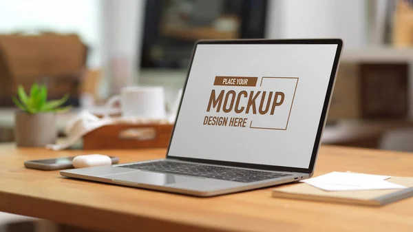 Cropped Shot Mock Laptop Wooden Table Office Supplies Stationery — Stock Photo, Image