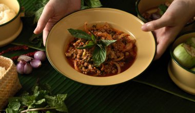 Bir tabak geleneksel Tayland yemeği, baharatlı kıymalı domuz salatası (Larb Moo) 