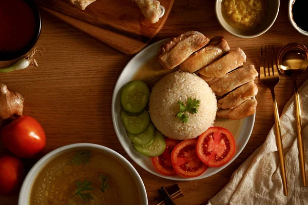 Tavuklu pilav (buğulanmış tavuk pilavı), soslu ve sebzeli ahşap masa.