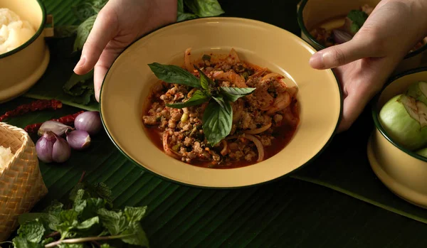 Bir tabak geleneksel Tayland yemeği, baharatlı kıymalı domuz salatası (Larb Moo) 
