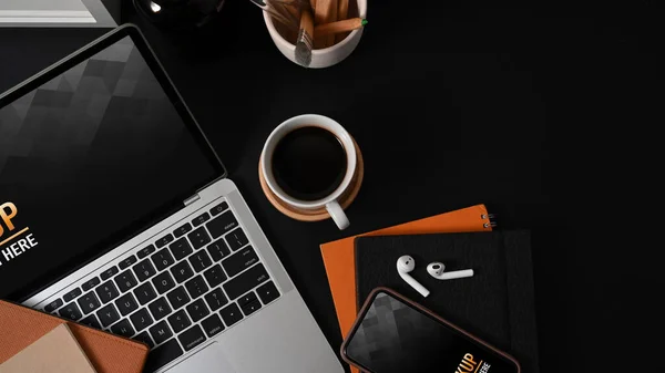 Top View Workspace Laptop Smartphone Coffee Cup Stationery Copy Space — Stockfoto