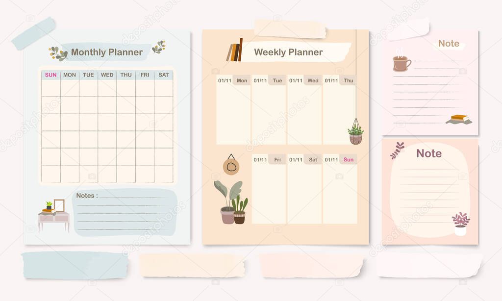 Set of pastel planner templet with monthly, weekly and note page design template
