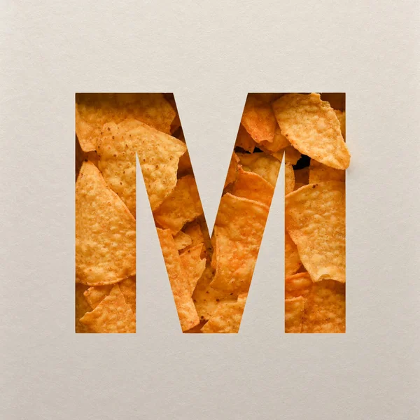 Font design, Abstract alphabet font with triangle corn chips, realistic leaves typography - M