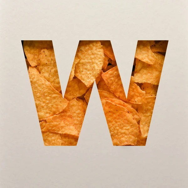 Font design, Abstract alphabet font with triangle corn chips, realistic leaves typography - W