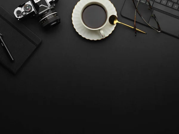 Vue Dessus Espace Copie Sur Table Noire Avec Tasse Café — Photo