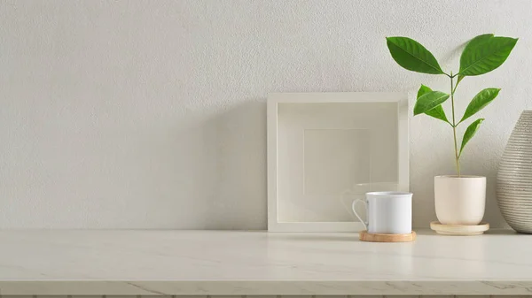 Close View Workspace Home Office Room Copy Space Cup Plant — Stock Photo, Image