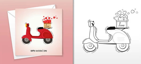 Buon San Valentino Disegno Della Carta Con Vintage Moto Cesto — Vettoriale Stock