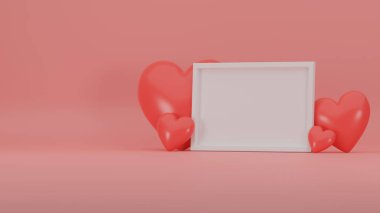 3D minimal Sevgililer Günü sahnesi, pembe arka planda 3D gerçekçi kalpleri olan çerçeve.