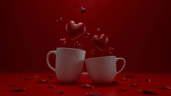 Görüntüleme Kırmızı Kalpler Kırmızı Zemin Üzerinde Iki Beyaz Kahve Fincanından — Stok fotoğraf