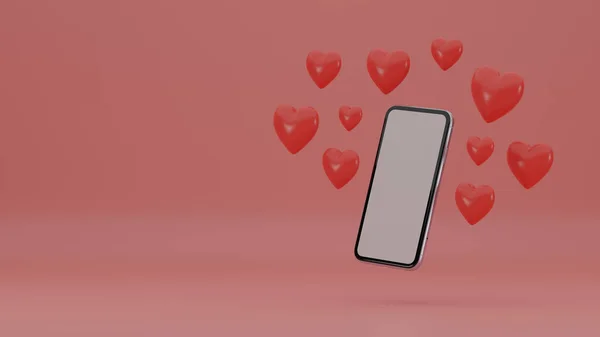 Minimal Valentine Scene Mock Smartphone Romantic Hearts Pink Background — Stock Photo, Image