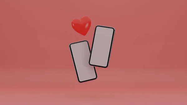 Minimal Valentine Scen Två Mock Smartphones Med Romantiska Hjärtan Rosa — Stockfoto