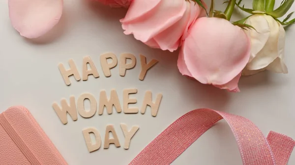 Happy Women Day White Table Background Decorated Pink Flowers Ribbon — Stock Photo, Image