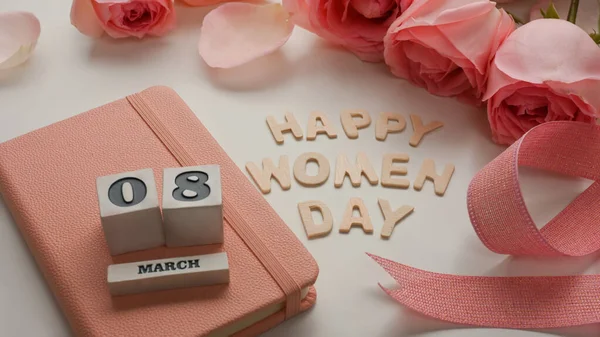 March Happy Women Day White Table Background Decorated Pink Flowers — Stock Photo, Image