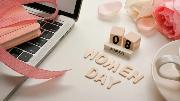 Workspace Women Day Concept Laptop Flowers Coffee Cup Message White — Stock Photo, Image