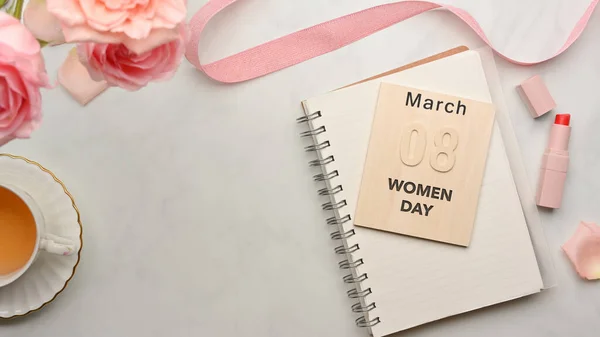 Feminine Workspace Notebook Tea Cup Flowers Ribbon Lipstick March Women — Stock Photo, Image