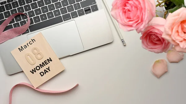 March Women Day Workspace Laptop Pencil Pink Flowers White Table — Stock Photo, Image
