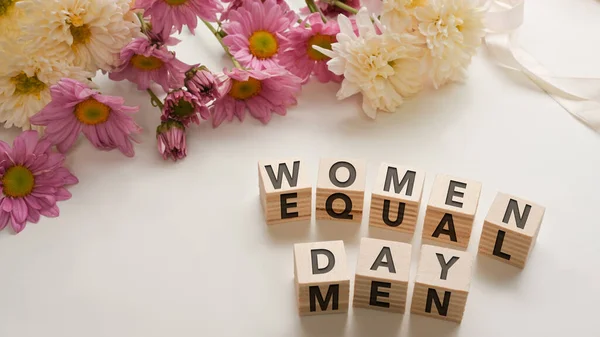 Dice Word Women Day Equal Men White Table Decorated Pink — Stock Photo, Image