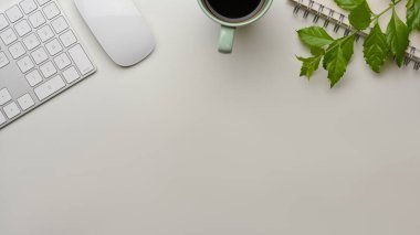 Bilgisayar klavyesi, faresi, fincanı ve kopya alanı olan yaprakları olan yaratıcı düz çalışma alanı 