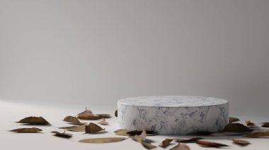 3D görüntüleme, geometrik şekilli taklit sahne, mermer podyum ürününüzü yere kurumuş yapraklarla yerleştirmek için, 3D illüstrasyon
