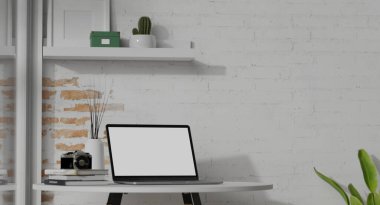 3D görüntüleme, taşınabilir çalışma alanı dizüstü bilgisayarlar, kitaplar, kamera ve dekorasyonlar oturma odasındaki sehpada, 3D illüstrasyon