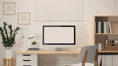 3D görüntüleme, bilgisayar, malzeme, kitap rafı, saksı, çerçeve, diğer dekorasyon ve sandalye ile ev ofis masasının görüntüsünü kapat, 3D illüstrasyon