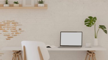 3D görüntüleme, dizüstü bilgisayarlı ev odası, saksı ve süslemeler, kırpma yolu, 3D illüstrasyon