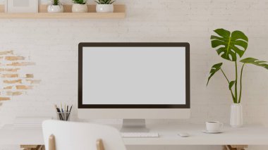 3D görüntüleme, bilgisayarlı çalışma alanı, kırtasiye ve saksı ana ofis odasında, kırpma yolu 