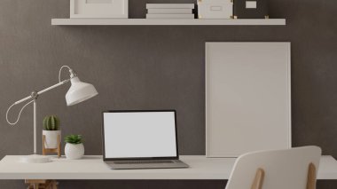 3 boyutlu görüntüleme, dizüstü bilgisayarlı ev odası, çerçeve, masa üzerindeki dekorasyon ve malzemeler, kırpma yolu, 3 boyutlu illüstrasyon