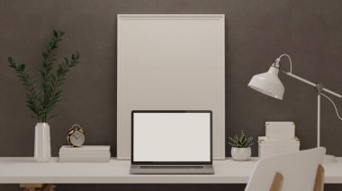 3 boyutlu görüntüleme, dizüstü bilgisayarlı ev odası, çerçeve, dekorasyon ve malzemeler, masayı kırpma.