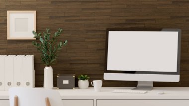 3D görüntüleme, ev ofis odası, bilgisayarlı masa, ofis kağıdı dosyalama, bitki vazoları ve kırtasiye malzemeleri, 3D illüstrasyon.